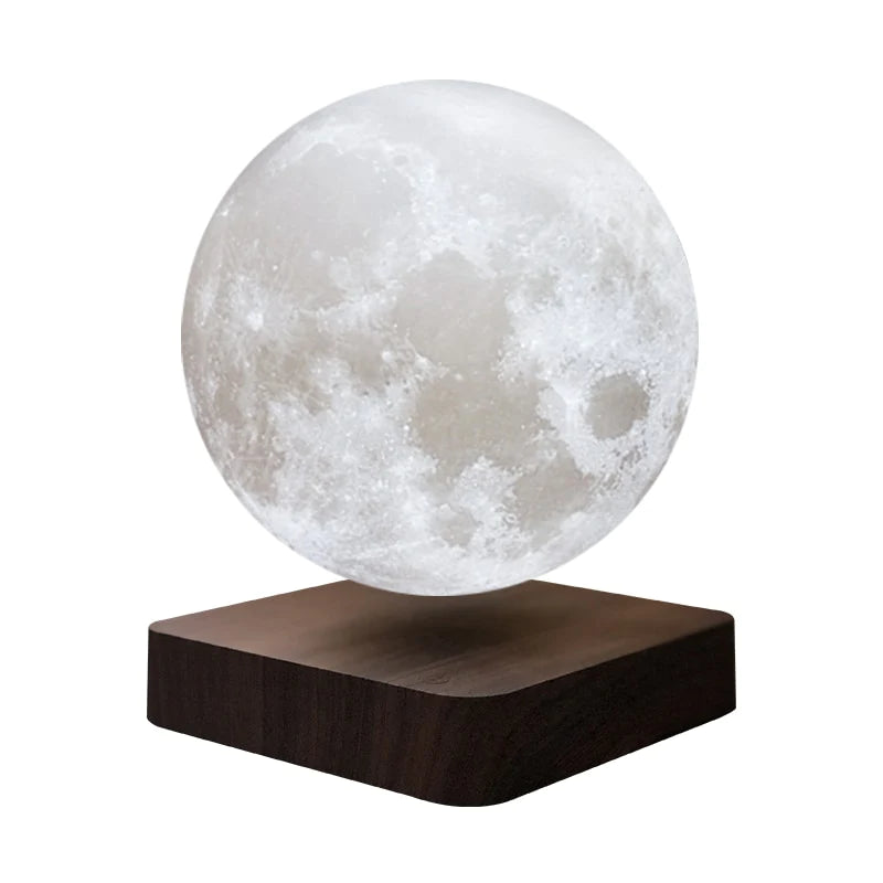 Levitating moon lamp with a realistic lunar surface texture, floating above a dark wooden base, creating a serene and mesmerizing visual effect. The lamp gives an impression of a miniature moon suspended in mid-air.