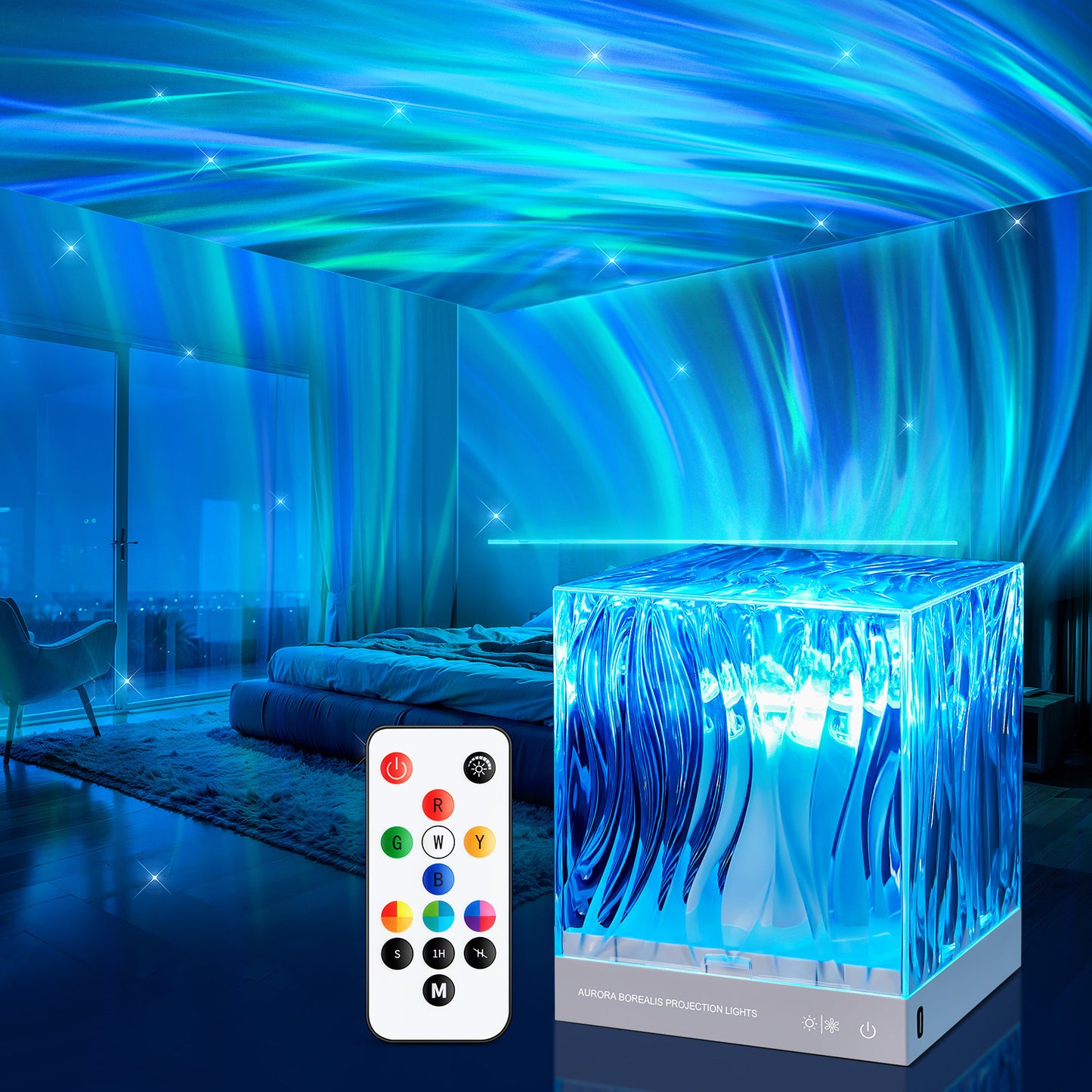 Stunning Aurora Borealis projection lamp casting vibrant blue and green light patterns on the walls and ceiling. The cube-shaped lamp features a textured glass design and is paired with a remote control for customizable colors. Ideal for creating a soothing, atmospheric effect in any room, perfect for relaxation or sleep ambiance.